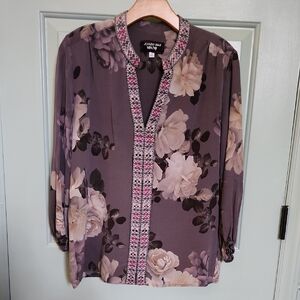 Johnny Was Mauve Floral Embroidered V-Neck Blouse